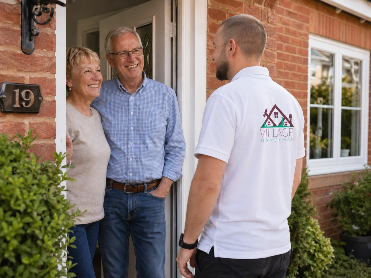 A friendly Village Handyman tradesman greeting a happy local customer at their door